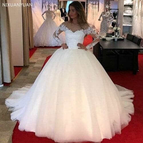 Long Sleeves Ball Gown Wedding Dress Lace Beads Sequins Puffy Wedding Gown Corset Back Modest Bridal Dresses Long Train