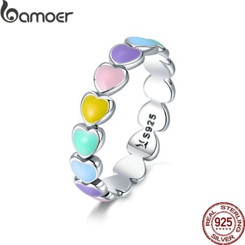 BAMOER 925 Sterling Silver Rainbow Heart Finger Ring for Girl, Women Stackable Silver Ring with Mini Hearts Trendy Party Jewelry