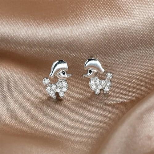 White Zircon Cute Small Dog Stud Earrings For Women Dainty Jewelry 925 Sterling Silver Crystal Stone Earring Female Wedding Gift