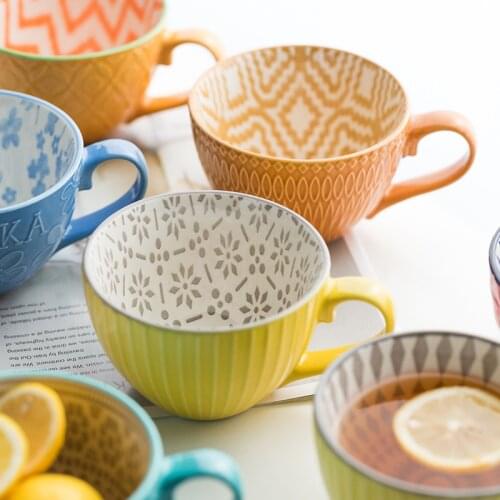 Cup Hand-painted Tea Cup Cup Embossed Breakfast Cup Cup Creative Ceramic Couple Cup Milk Cup Milk Cereal Cup Water