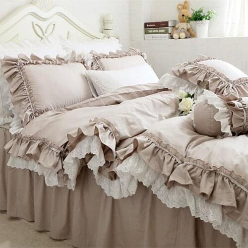 New European Khaki Bedding Set Double Ruffle Lace Duvet Cover Bedding Elegant Bedspread Bed Sheet for Wedding Decor Bed Clothes