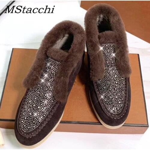 MStacchi Fashion Women Wool Warm Winter Boots Women Rhinestone Suede Leather Slip-On Snow Boots Woman High Top Flat Botas Mujer