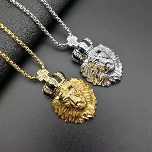 Men Gold Punk Glow in the Dark crown cross pendant Jewelry Charm Micro Inset Crown Lion Head Luminous Pendant Necklace