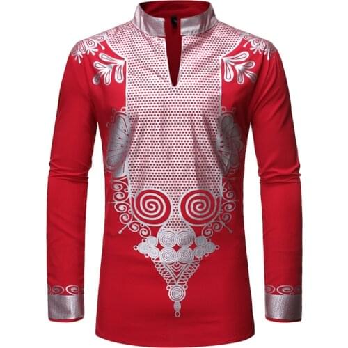 Mens Hipster Red African Dashiki Print Dress Shirts Slim Fit Long Sleeve Men African Clothes Streetwear Casual Camisa Masculina