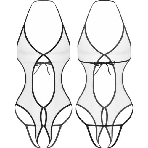 Mens Lingerie Babydoll Nightwear Sexy Porn Bodysuit Halter Transparent Mesh Catsuit Crotchless Bodystockings Underwear Sleepwear