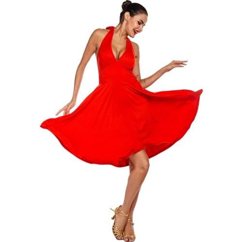 2020 New Girls Adult Modern Ballroom Latin Dance Dress Salsa Tango Dance Wear Red Black Pleat Performance Stage Wear XS-XL