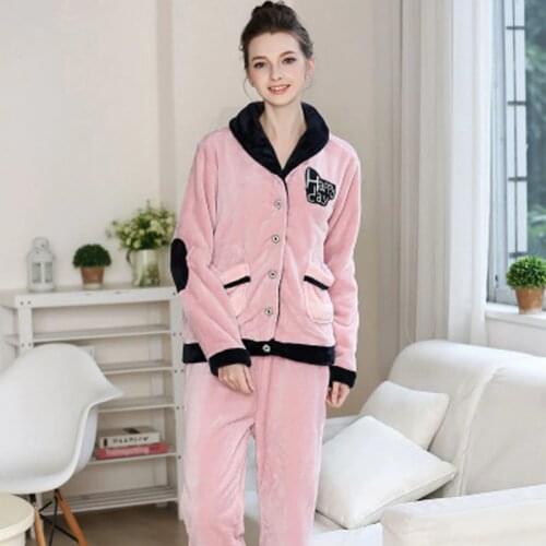 Autumn Winter Women Flannel Pajamas Womans Set of Sleepwear Full Pant Lady Nightgown Female Home Clothes Woman Solid Pajamas