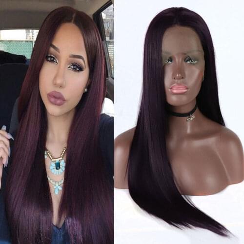 Bombshell Synthetic Hair Lace Front Wig Dark Purple Color Silky Straight Heat Resistant Fiber Hair Middle Parting For Women Wigs