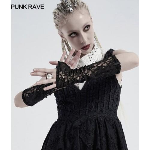 PUNK RAVE Womens Gothic Breathable Dark Lace Gloves Stage Performance Party Fashion Fingerless Gloves Comfortable Accessory