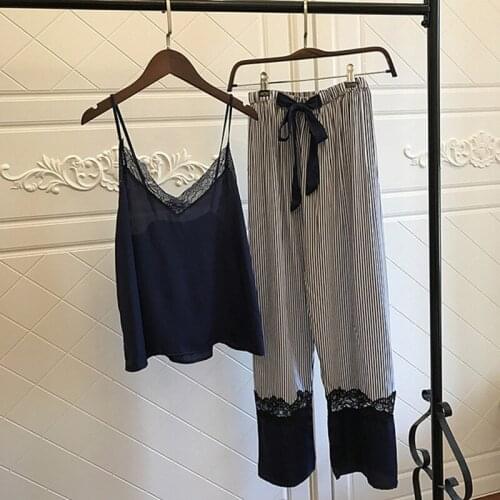 Summer silk sexy Womens pajamas two piece suit spring Autumn ice silk housewear Fashionable new suspender trousers sleepwear