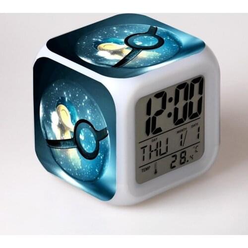 Pokemon Pikachu Anime Character Luminous LED Colorful Flash Alarm CLock Desk Light with Temperature Action Toy for Children