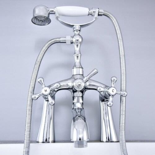 Polished Chrome Deck Mounted Bathroom Tub Faucet Dual Handles Telephone Style Hand Shower Clawfoot Tub Filler atf755
