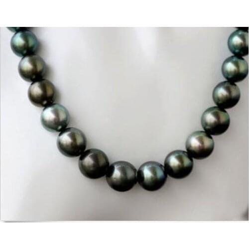 Stunning round 11-12mm freshwater black green pearl necklace 18inch 925silver