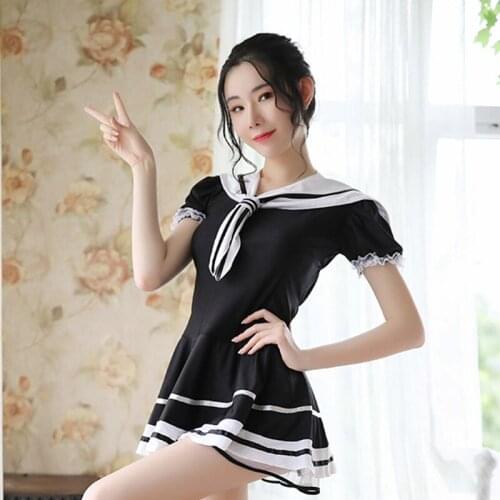 Sexy mousse nightdress woman lingerie lace sleepwear sloth Japanese college style dress sailor suit uniform temptation black