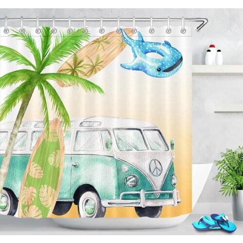Retro Old Bus Surfboard Shower Curtains Coconut Tree Summer Home Decor Waterproof Polyester Fabric Shower Curtain for Bathroom