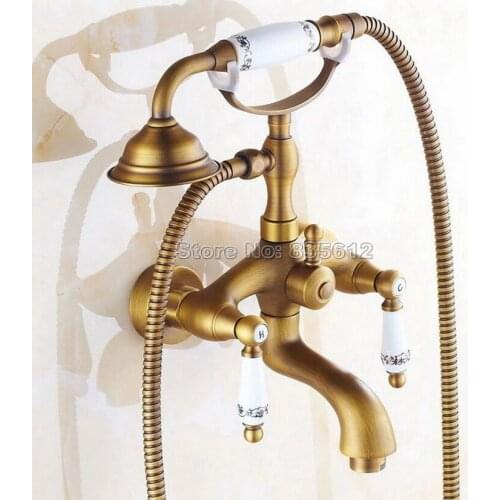 Antique Brass Telephone Style Handheld Shower Head Dual Handles Bath Tub Mixer Tap Wall Mounted Bathroom Faucet Wtf312