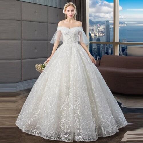 Wedding Dresses Illusion V-Neck Short Tulle Lace Off The Shoulder Sequined Beading Embroidery Luxury White Lady Bridal Gown G528