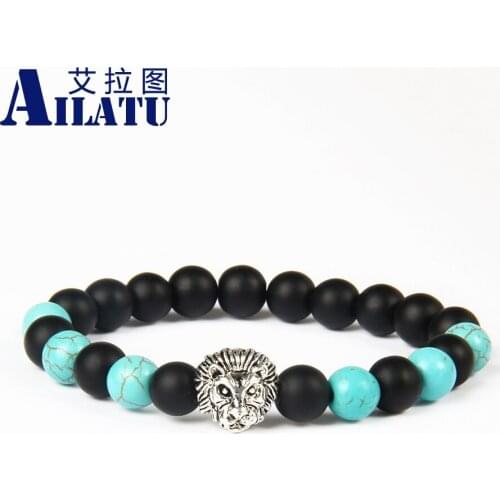 Ailatu High Quality Animal Charm Jewelry 8mm Black Glass Zinc Alloy Lion Head Bracelet