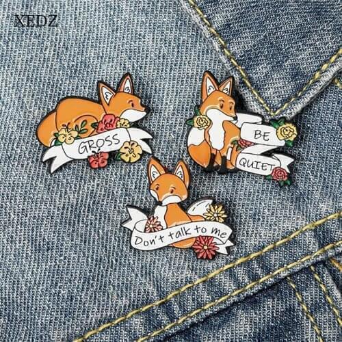 XEDZ Cartoon Yellow Fox Enamel Brooch Fashion Cute Animal Flower Ribbon Badge Costume Decoration Gift