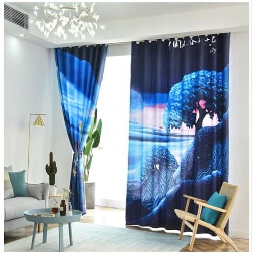 Custom any size photo blue blackout moon curtains bay window curtains French window Drapes Cortinas