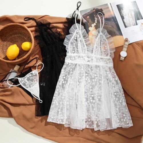 Sweet Dream Kawaii Lingerie Perspective Embroidery Nightdress Small Chest Back Strap Hot Temptation Sleepwear Women Nightwear