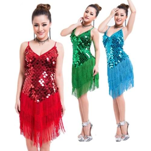 Women Sexy Sequins Tassel Beads Latin Dance Dress Bar Singe Stage Costumes Performance Dance Dress Dance Competition Dresses