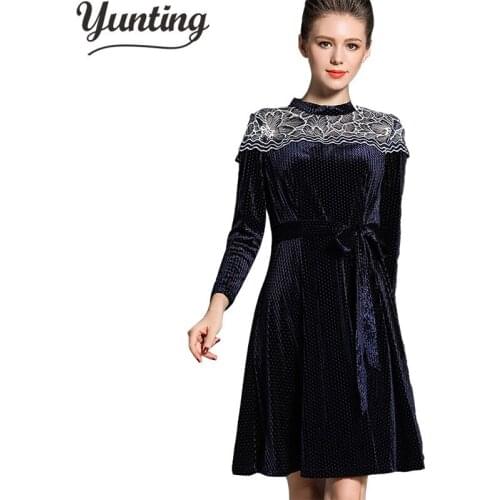 Spring Fall Dress Women Long Sleeve Pleated Lace Patchwork Elegant Velvet Dresses Robe Vintage Vestido