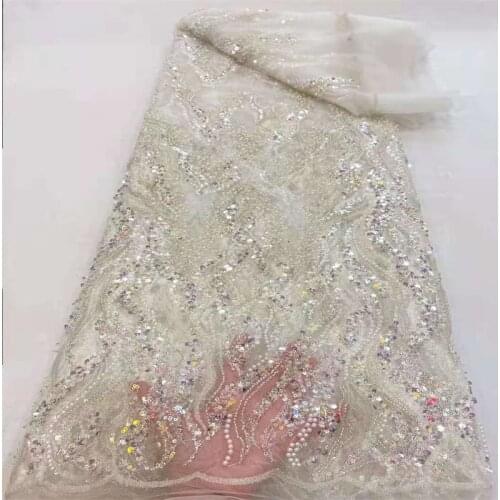 African Laces Fabric with Bead and sequins Lace Fabric 5 Yard 2021 High Quality Nigerian French Lace Fabric for Wedding RF-475