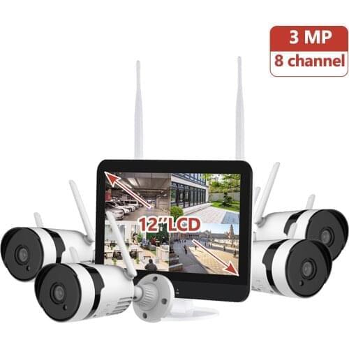 All-in-one Wireless Security Camera System with 12'' LCD Monitor,3MP 8CH NVR + 4Pcs Outdoor Waterproof WiFi Surveillance Cameras