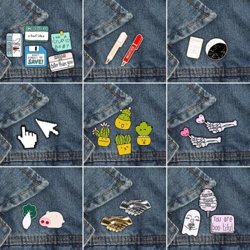 2-5pcs/set Cartoon Cactus Brooches Cute Computer Cursor Hand Skeleton Pig Cabbage Enamel Pin Lover Pink Candyfloss Badge Jewelry