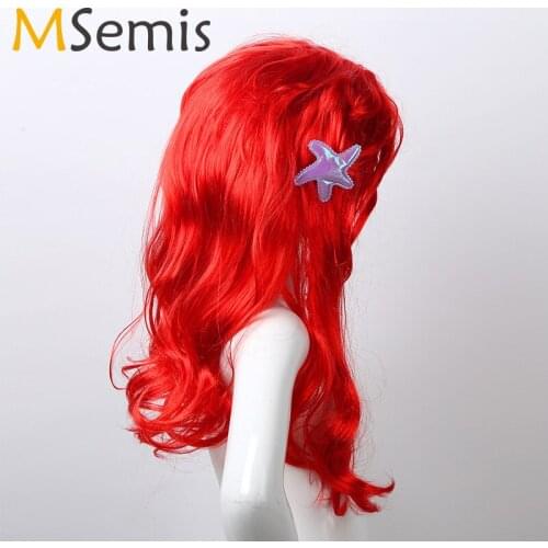 Kids Girls Mermaid Princess Dress up Red Wigs Hair with Starfish Hair Clip Headwear Halloween Anime Cosplay Costume Accessories
