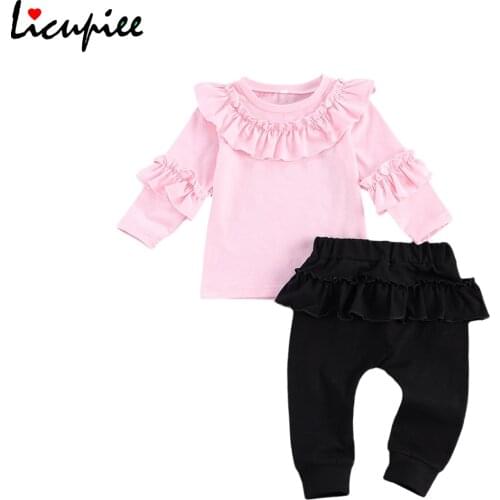 Infant Kids Baby Girl Long-sleeved Trousers Suit Fresh Solid Color Ruffles Round Neck T-shirt and Elastic Long Pants 0-3 Years