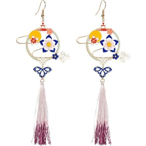 Ancient Chinese Style Tassel Drop Ears Fashion Jewelry Vintage Elegant Flower Hollow Round Pendant Long Earrings Good Gift