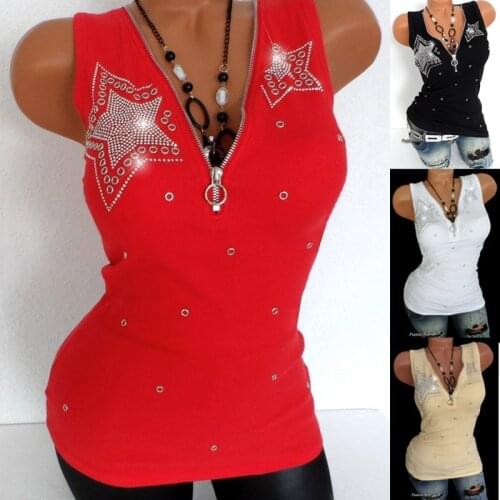 Stretch Beading Tanks Tees Cotton T-Shirt Women Summer T Shirts Sexy Zipper V Neck Sleeveless Top Black Slim Vest Plus Size 5XL