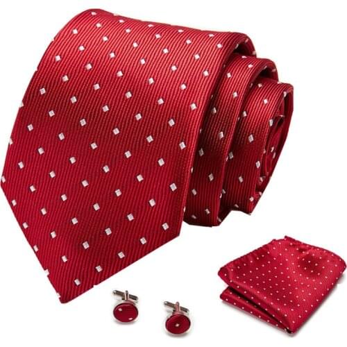 Men Tie Red Polka Dot Quality Wedding Tie For Men Tie Hanky Cufflink Silk Tie Set Designer Business