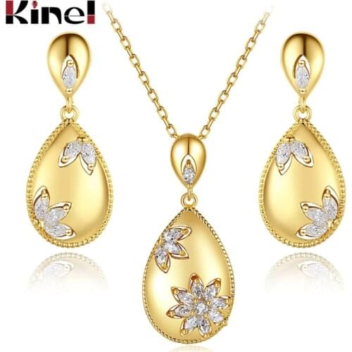 Kinel Hot Fashion 18K Gold Jewelry Sets Glossy Dangle Earrings Necklace For Women High Quality Ethnic Wedding Jewelry Set