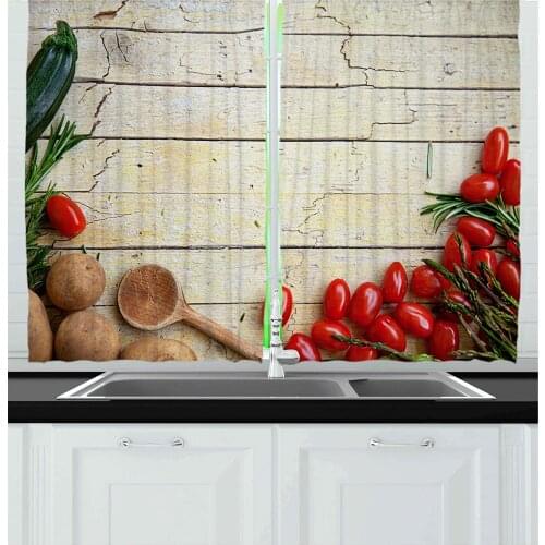Brown Green Rustic Kitchen Curtains Cooking Vegetables Theme Recipe Chef Rustic Wood Planks Utensil Artwork Image for Kitchen