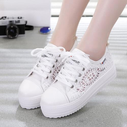 Women Shoes 2020 Fashion Summer Casual White Shoes Cutouts Lace Canvas Hollow Breathable Platform Flat Shoes Woman Sneakers