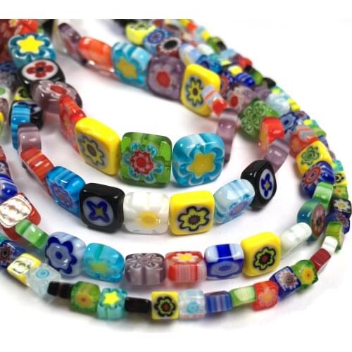 Square Flower Painted Colored Glass Stone Beads Millefiori Flower Lampwork Loose Beads For Jewelry Making DIY Necklace Bracelet