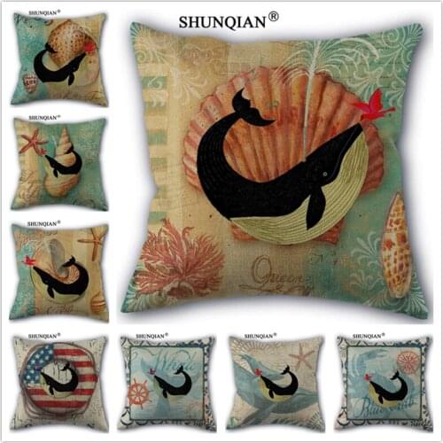 Linen Cotton Whale cartoon Pillow Cover Custom Print Home Decorative Pillows Cases 45x45cm one side WJY424-4
