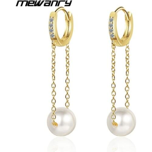 MEWANRY Prevent Allergy 925 Sterling Silver Tassel Pearl Earrings for Women Trendy Elegant Charm Sparkling Zircon Bride Jewelry