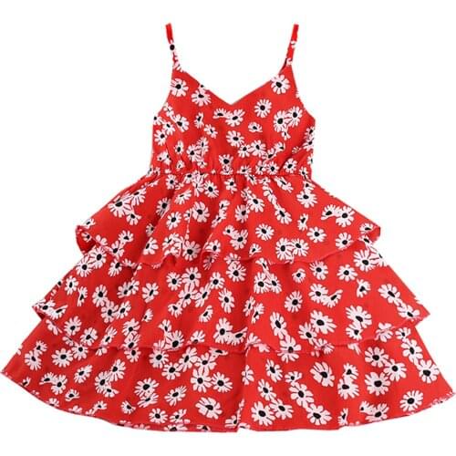 Cute Kids Girls Daisy Print Layered Dress Fashion Summer V-neck Sling Sundress Stylish Party Princess Dress for Children Girl