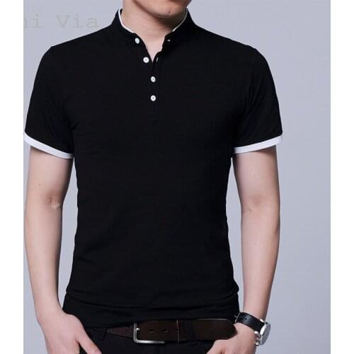2021 Summer New T-Shirt For Men Solid Color Short-Sleeve Cotton Mandarin Collar Shirts Mens Leisure Slim Brand Tops Male T-Shirt