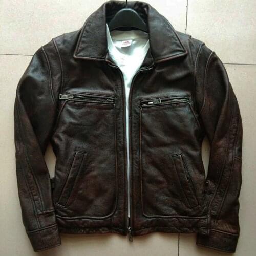 Factory 2020 New Men Retro Vintage Brown Genuine Leather Jacket Fashion Motorcycle Jackets Thick Cowhide Winter Coats S-5XL