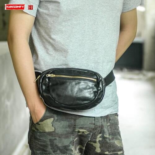 New First Layer Leather Men Waist Bag Boys Chest Bag Male Locomotive Bag Black Leather Handmade Mini Shoulder Messenger Bags