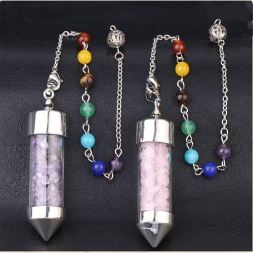 New Style 6pcs/Lot Natural Stone Pendulum Wishing Bottle Glass Mini - shaped Seven Chakra Gravel Cone Pendant