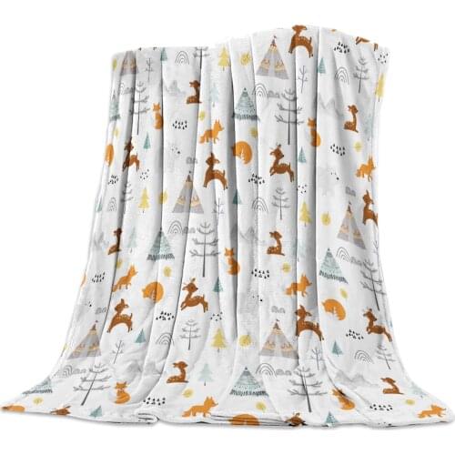 Christmas Animal Fox Deer Bear Tree Flannel Blanket Portable Soft Throw Blanket Warm Microfiber Blankets for Beds