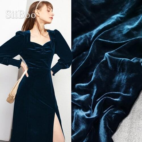 Siiboo natural silk velvet fabric for women delux evening dress party wear solid color blue series Fabrique de soie sp6410