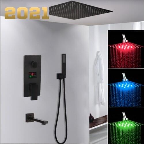Black Brass Shower Head Digital Display Mixer Taps Bathroom Shower Faucet 3-Functions Digital Shower Faucets Set