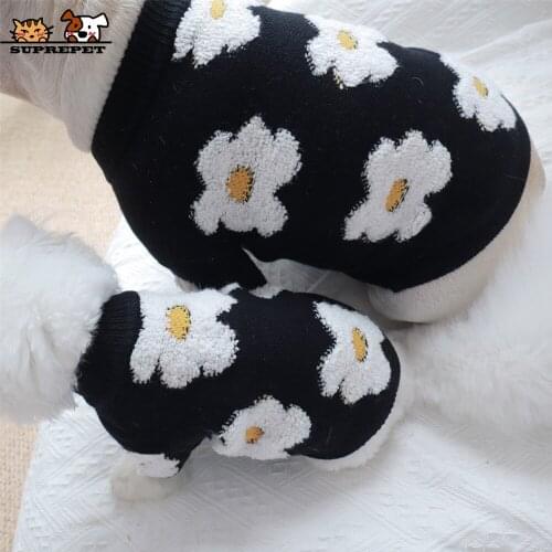 SUPREPET Gorgeous Pet Dog Clothes Knitted Flower Black Warm Dog Sweater Suitable for French Small Dogs Casual Knitted Dog Suit